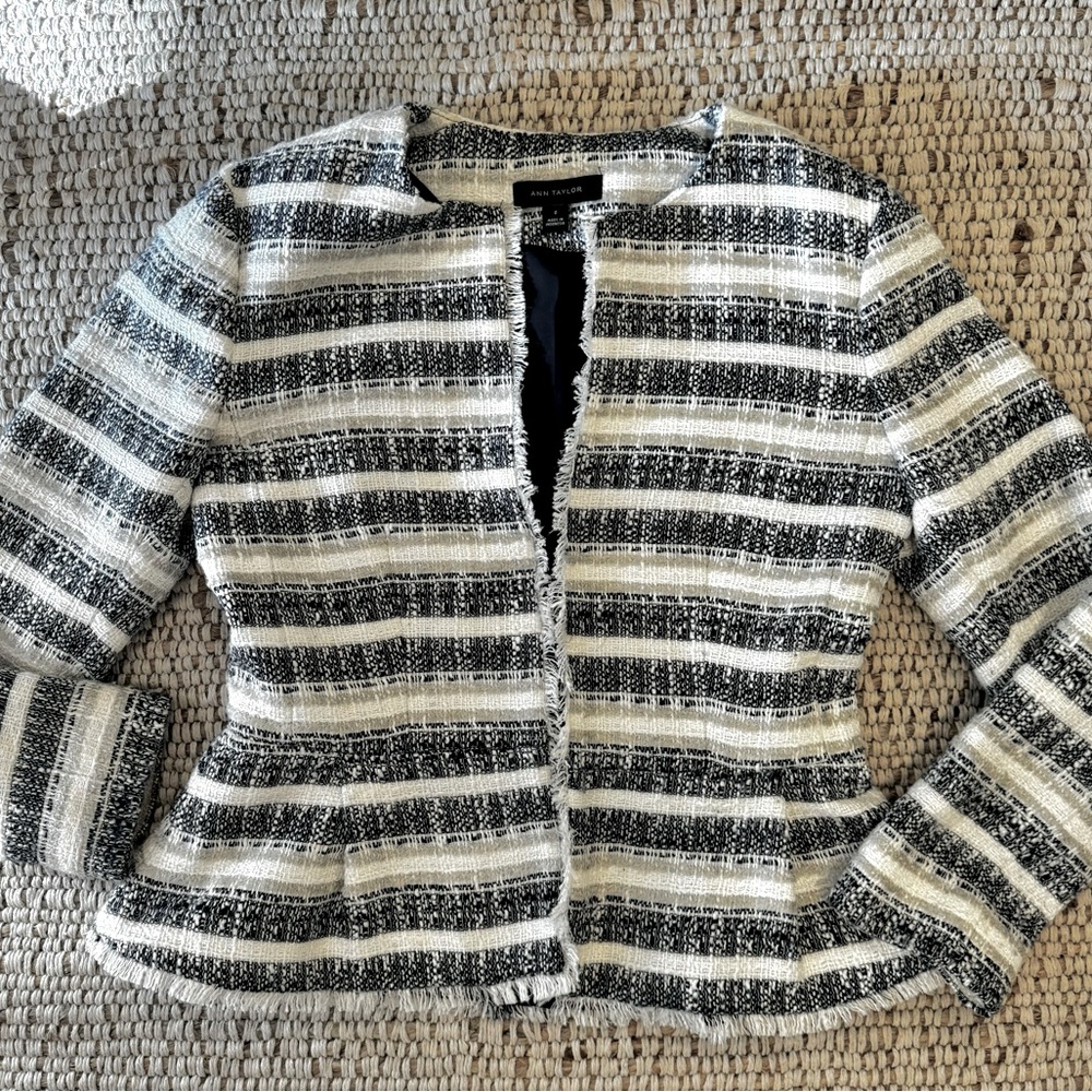 Ann Taylor Tweed Fringe Striped Blazer